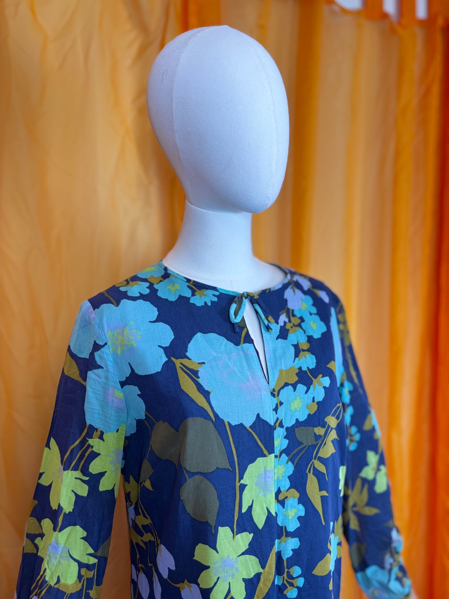 Vintage 70s Handmade Blue Floral Shift Dress UK 10-12
