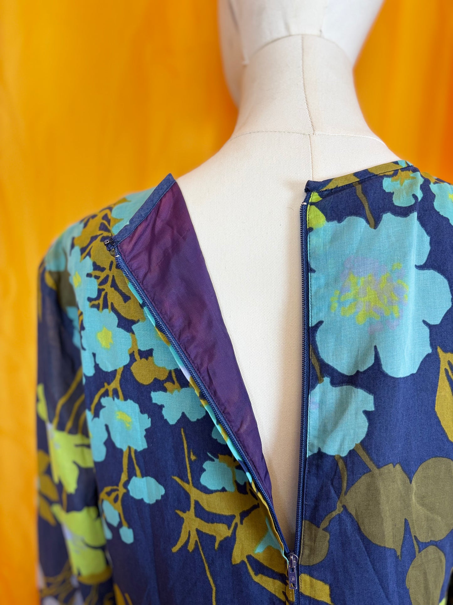 Vintage 70s Handmade Blue Floral Shift Dress UK 10-12