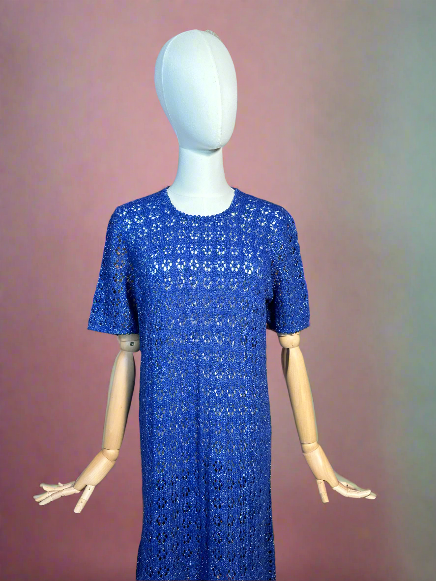 1960s Vintage Blue Knit Lurex Crochet Dress