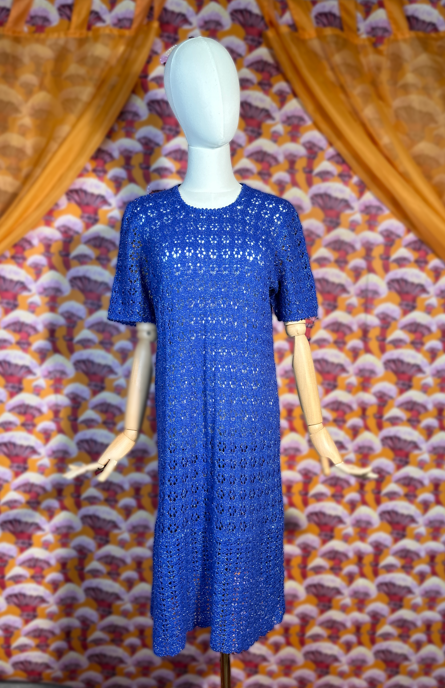 1960s Vintage Blue Knit Lurex Crochet Dress