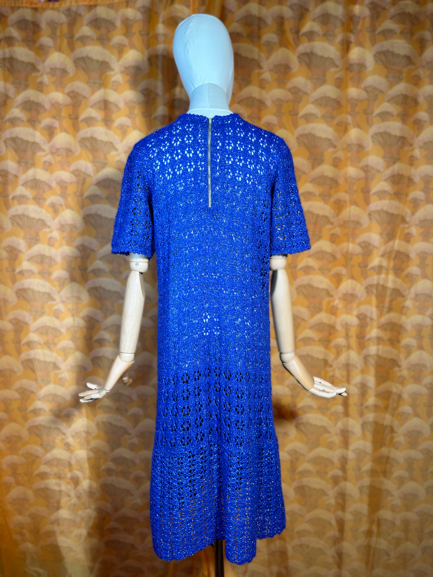 1960s Vintage Blue Knit Lurex Crochet Dress