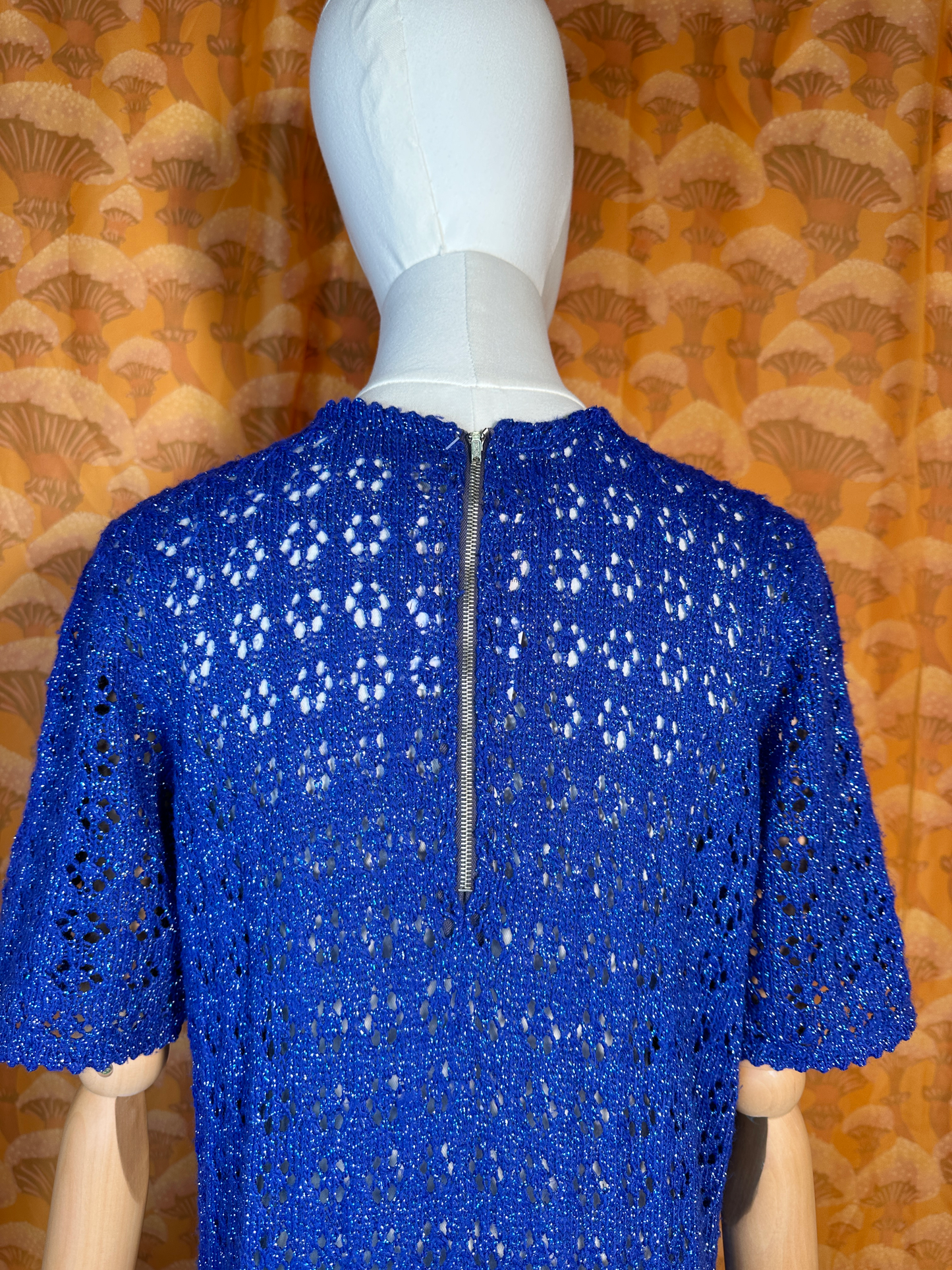 1960s Vintage Blue Knit Lurex Crochet Dress
