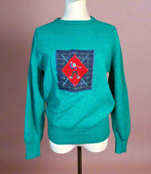 Vintage St Andrews Golf Embroidery Wool Knit Jumper in Green