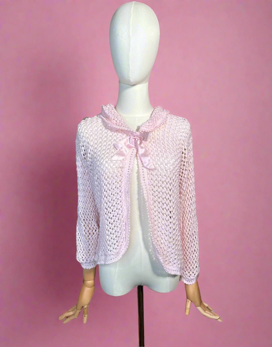 Vintage Coquette Pink Open Knit Cardigan with Bow Detail