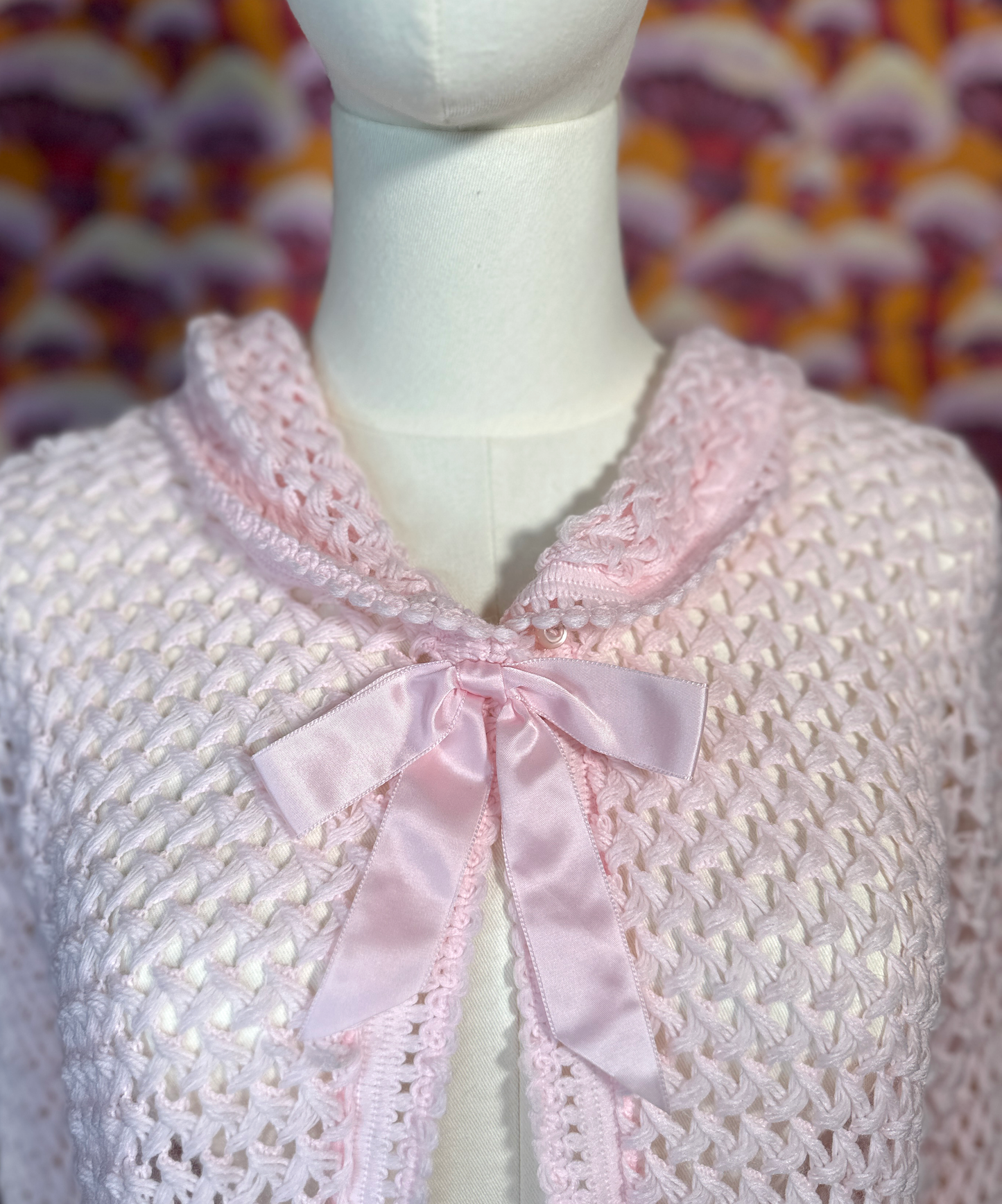 Vintage Coquette Pink Open Knit Cardigan with Bow Detail