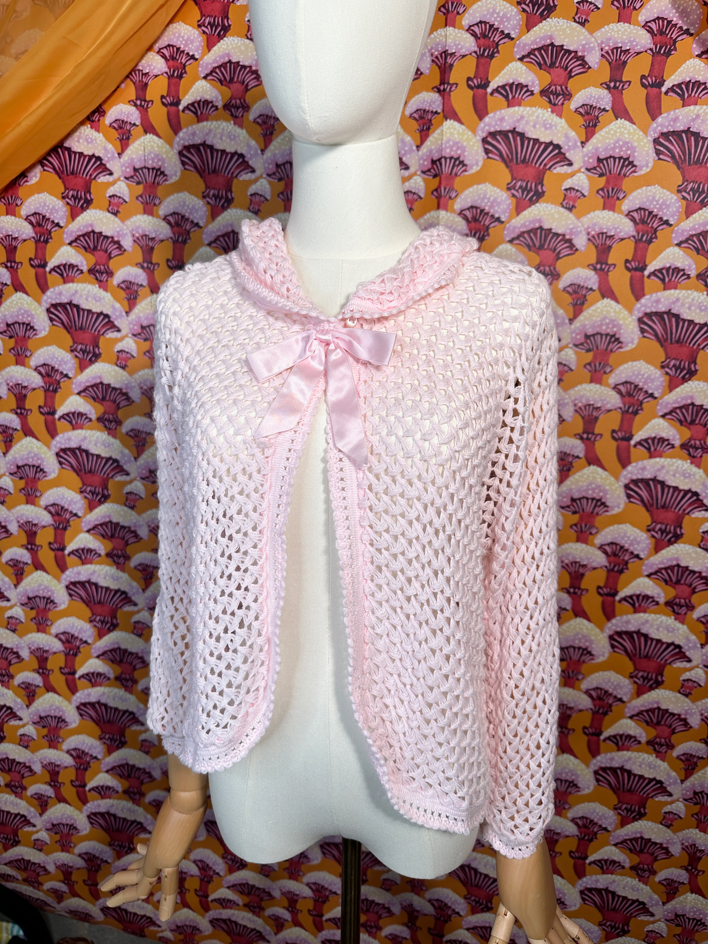 Vintage Coquette Pink Open Knit Cardigan with Bow Detail