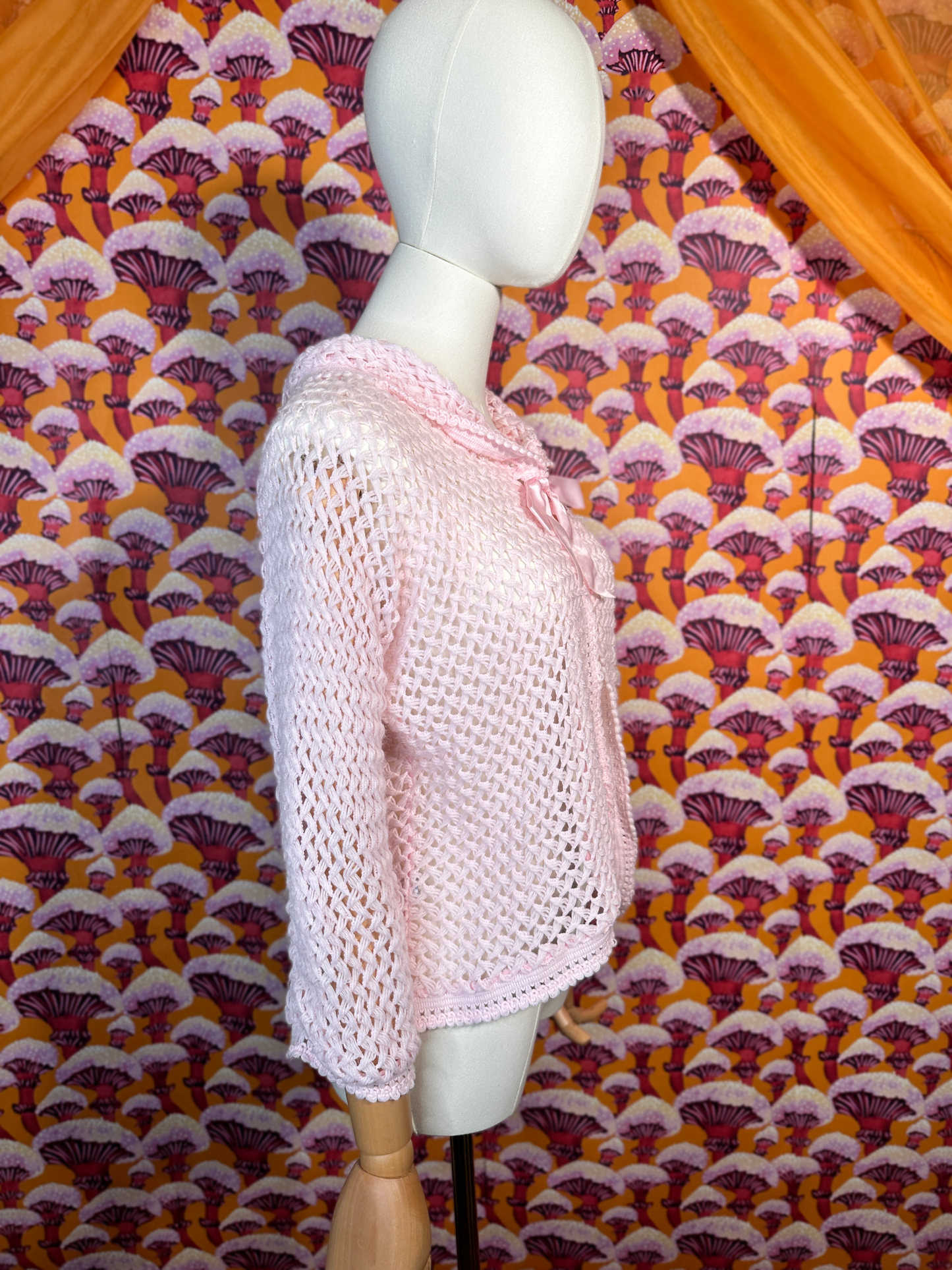 Vintage Coquette Pink Open Knit Cardigan with Bow Detail