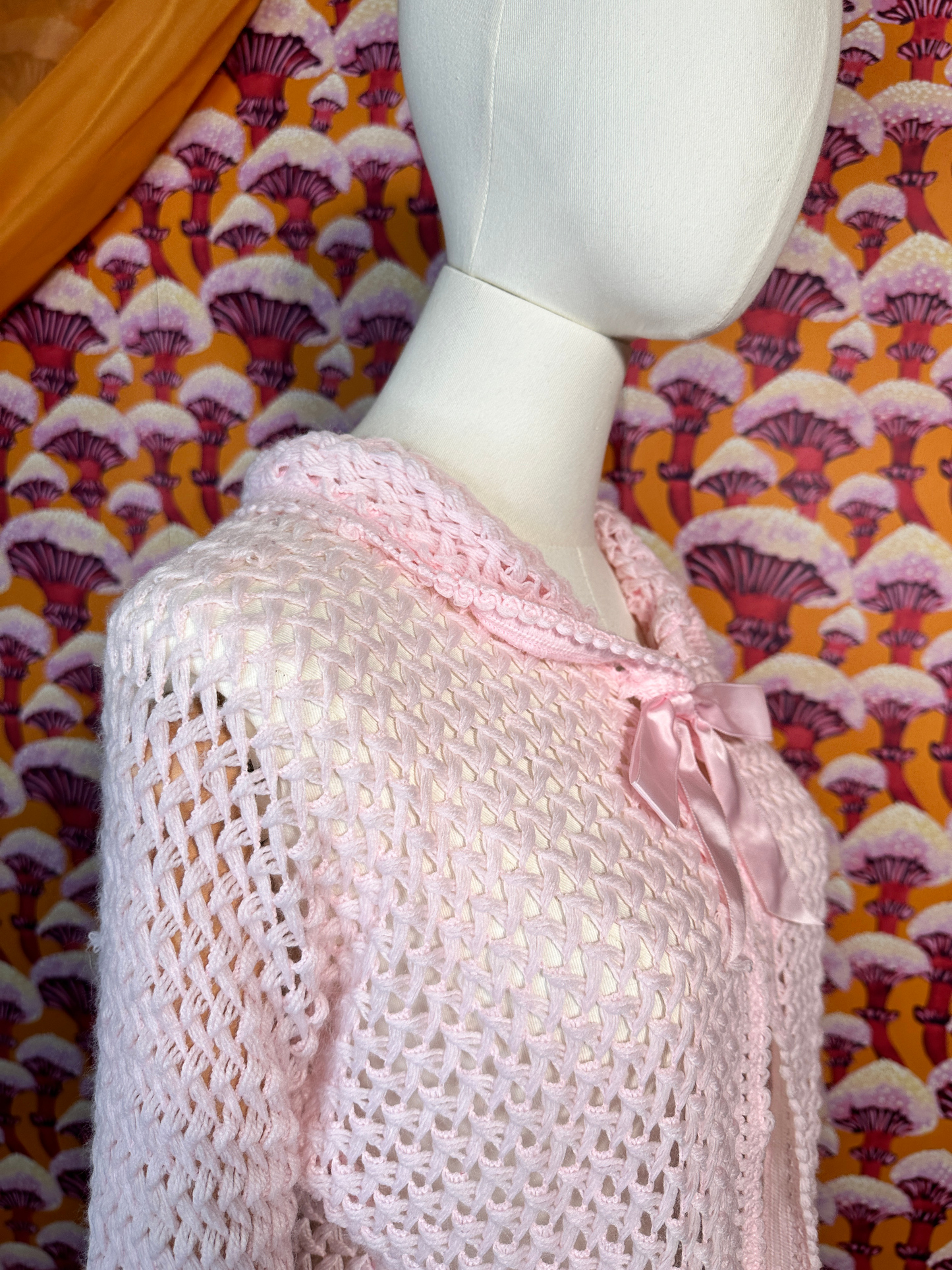 Vintage Coquette Pink Open Knit Cardigan with Bow Detail