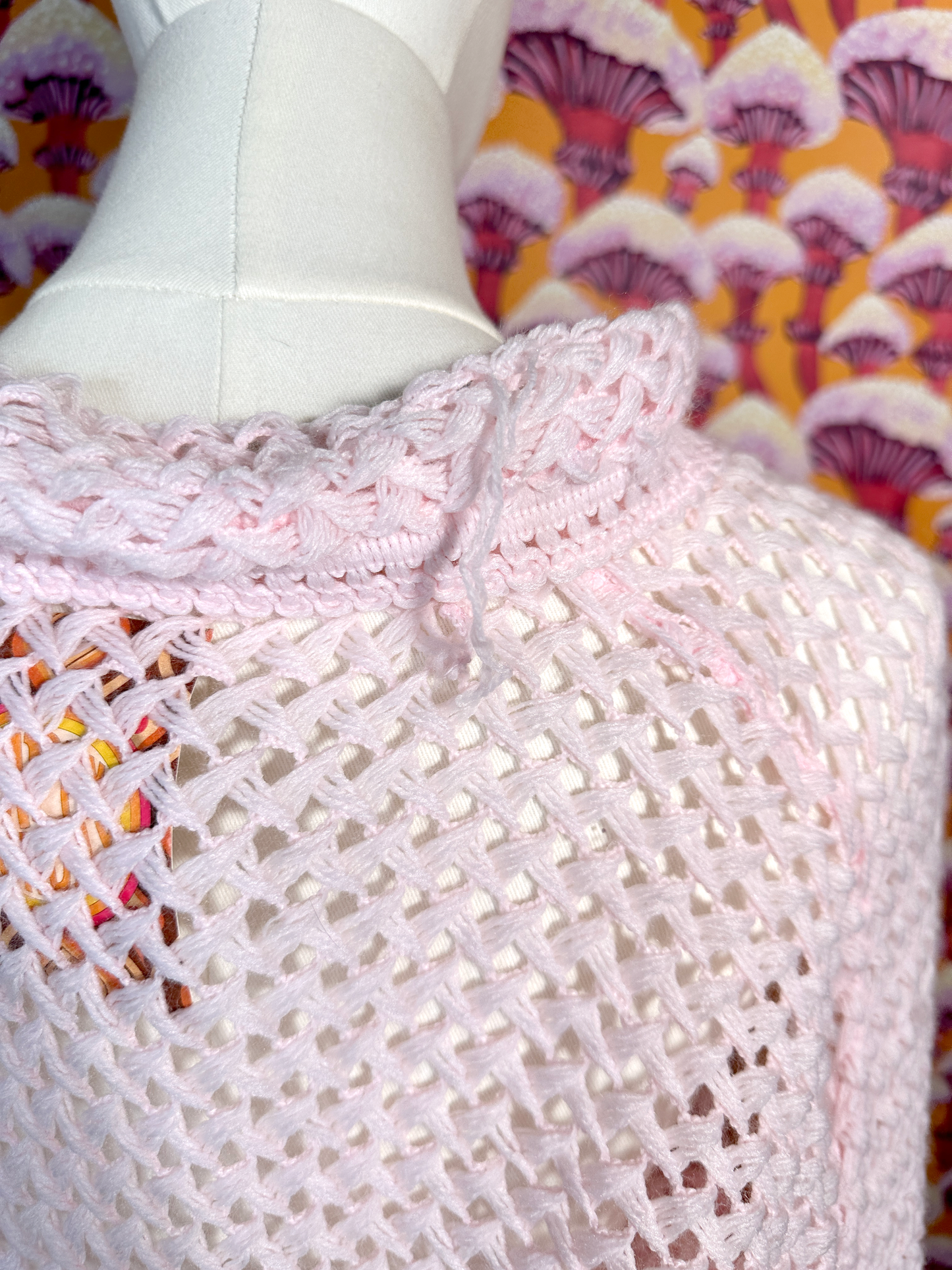 Vintage Coquette Pink Open Knit Cardigan with Bow Detail