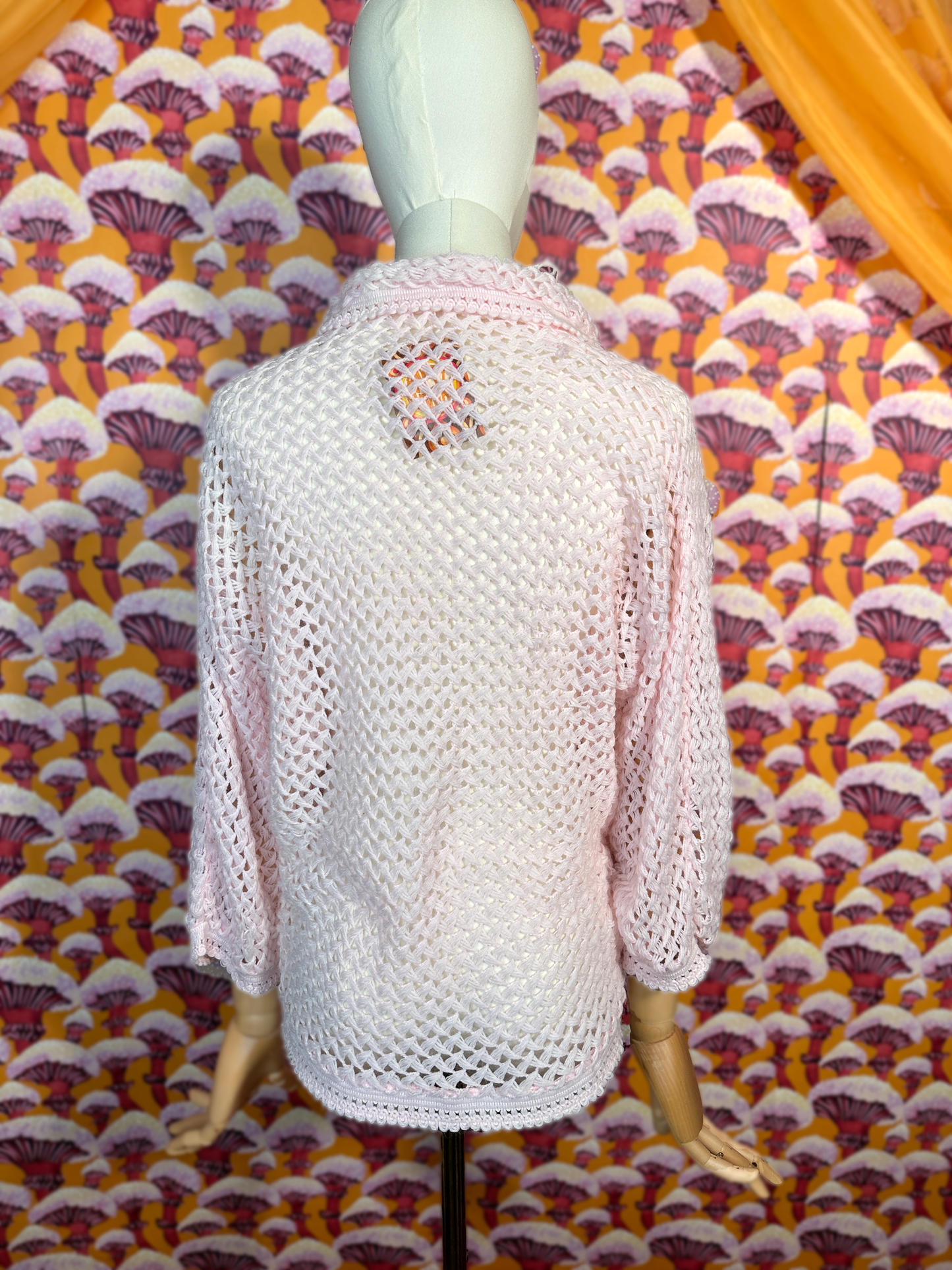 Vintage Coquette Pink Open Knit Cardigan with Bow Detail