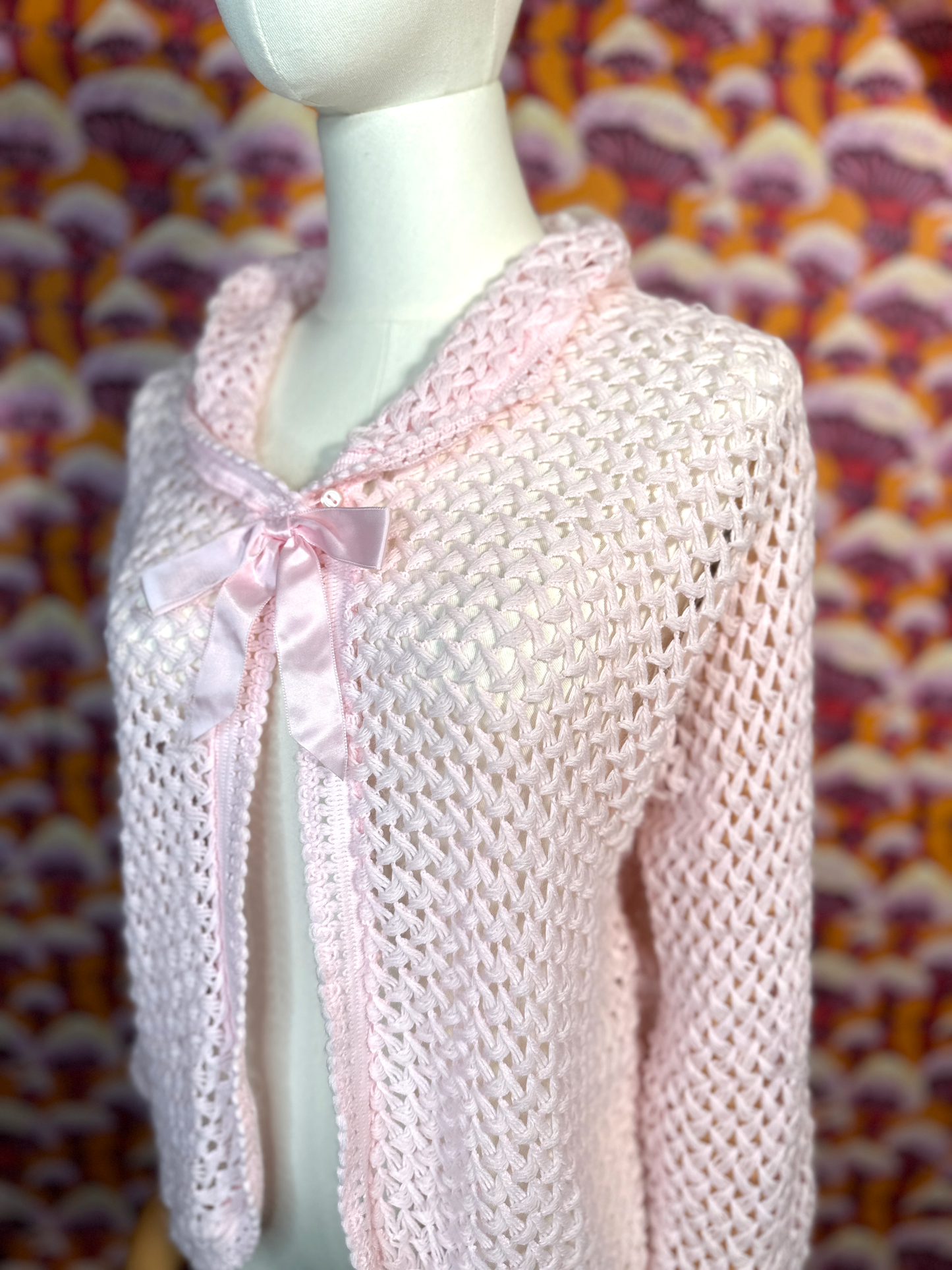 Vintage Coquette Pink Open Knit Cardigan with Bow Detail