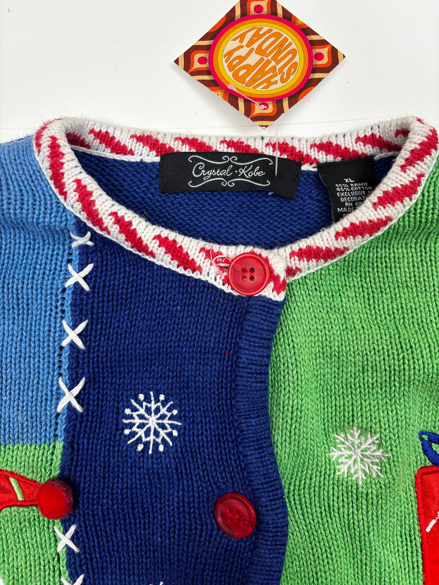 Vintage Christmas Knit Cardigan in Blue & Green