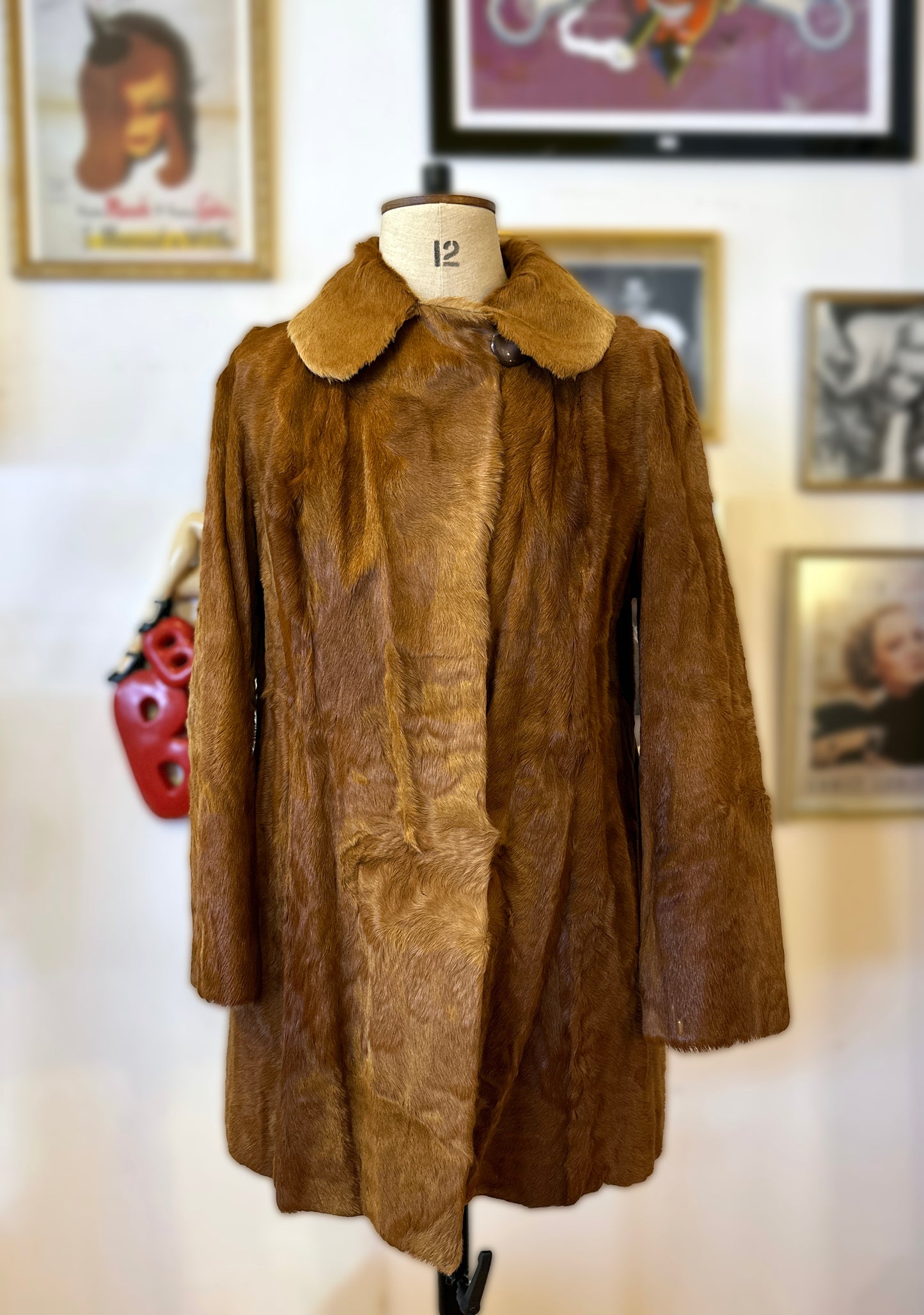 Vintage Silky Brown Fur Coat with Adjustable Waist