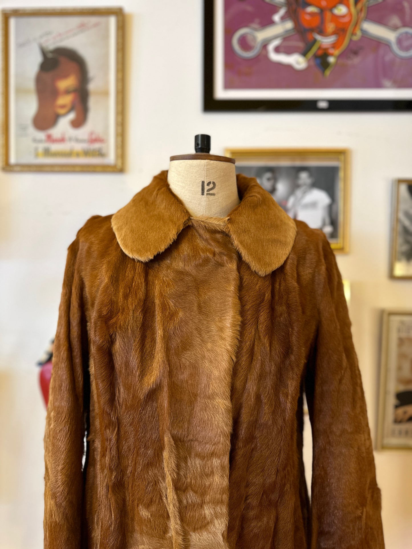 Vintage Silky Brown Fur Coat with Adjustable Waist