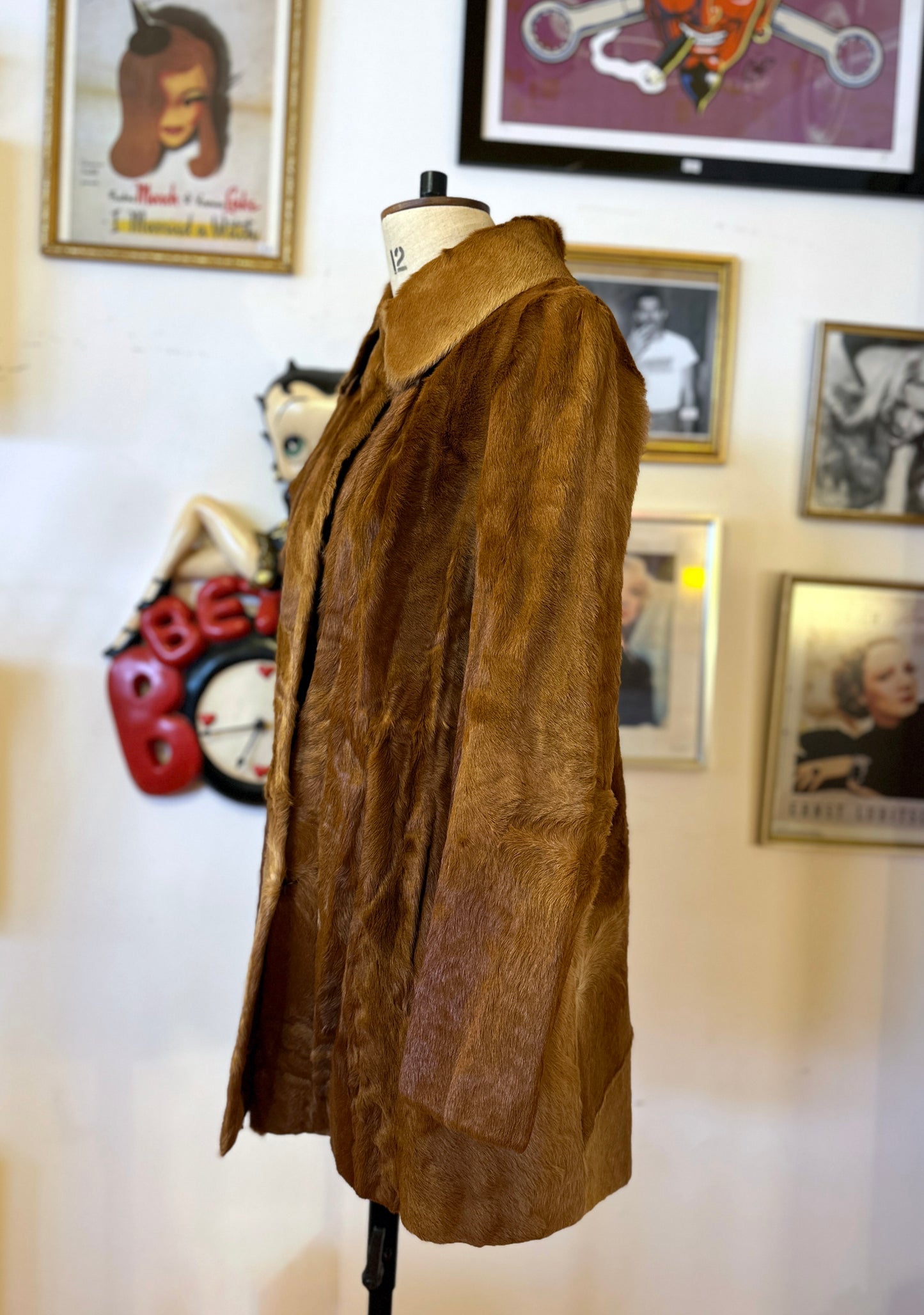 Vintage Silky Brown Fur Coat with Adjustable Waist