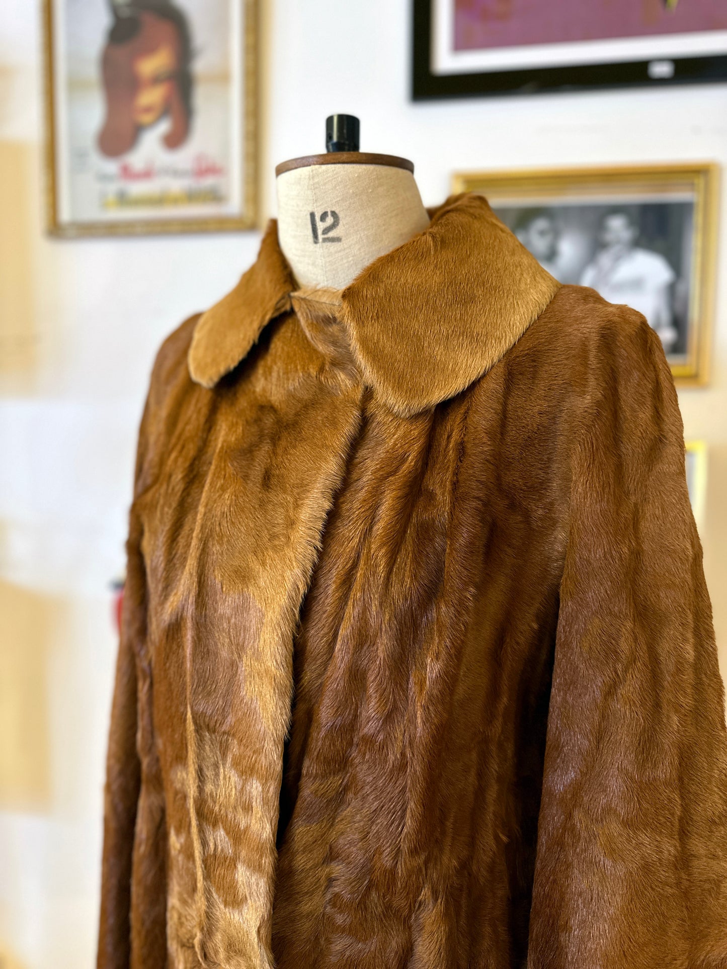 Vintage Silky Brown Fur Coat with Adjustable Waist