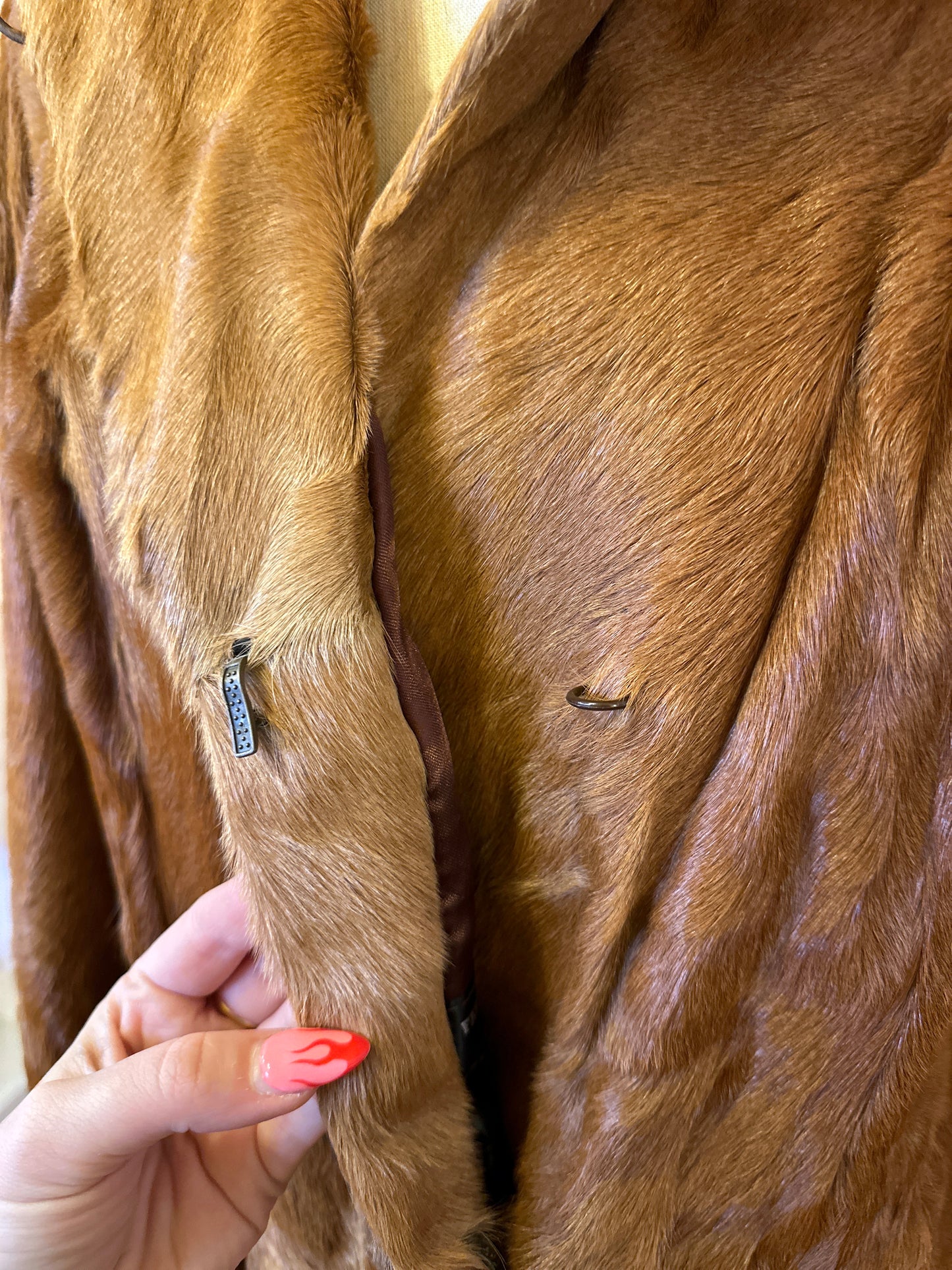 Vintage Silky Brown Fur Coat with Adjustable Waist