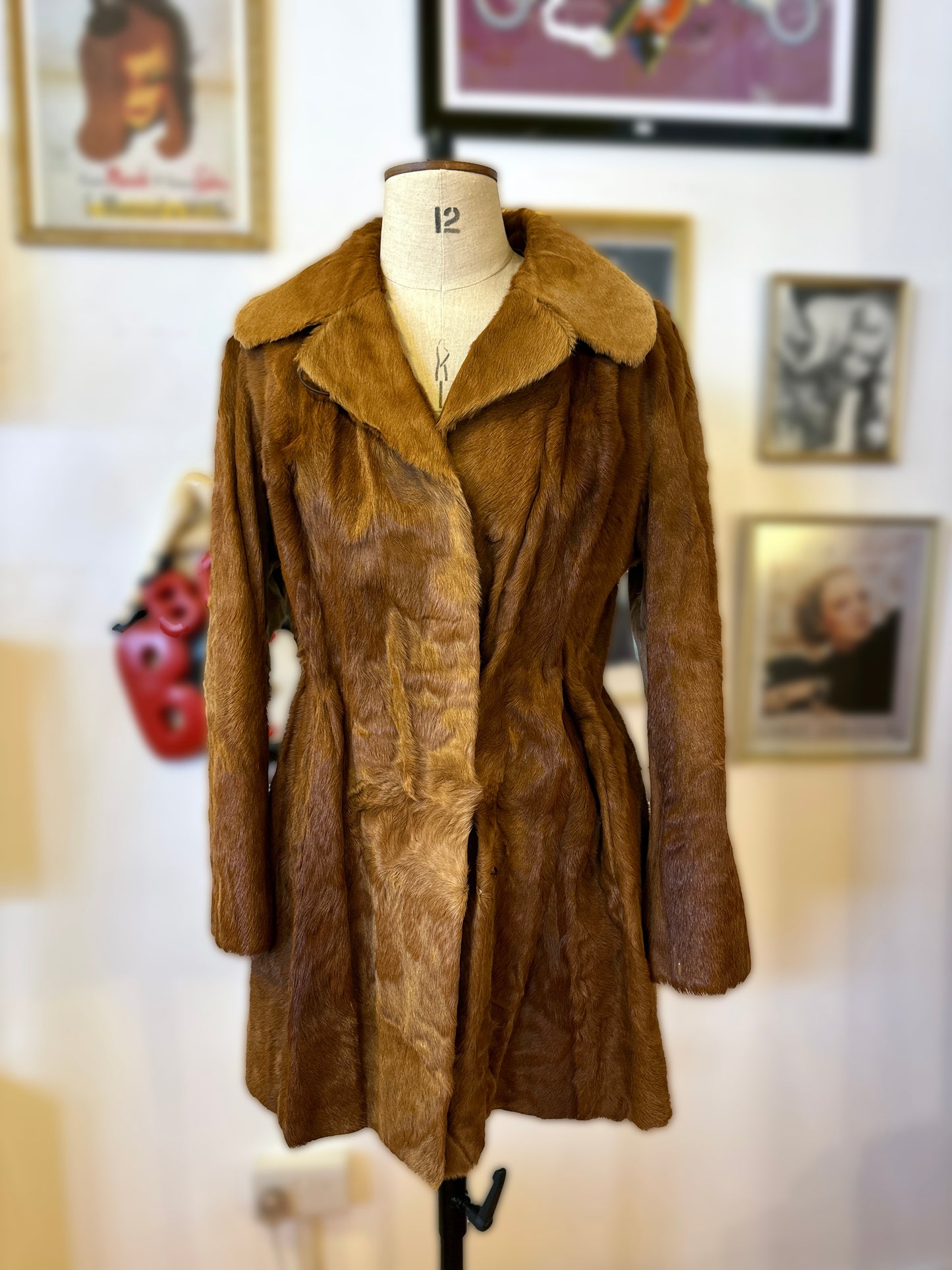 Vintage Silky Brown Fur Coat with Adjustable Waist