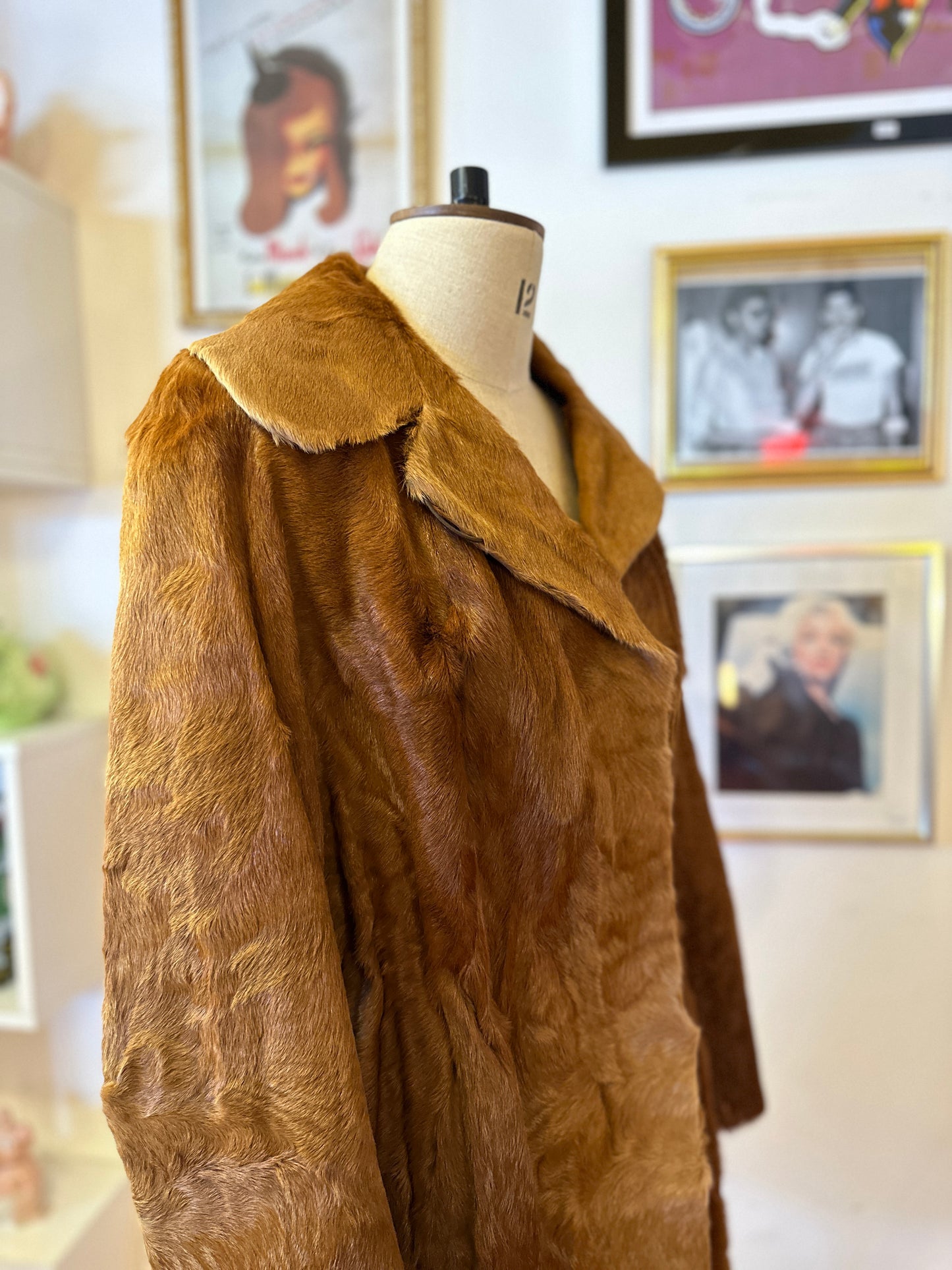 Vintage Silky Brown Fur Coat with Adjustable Waist