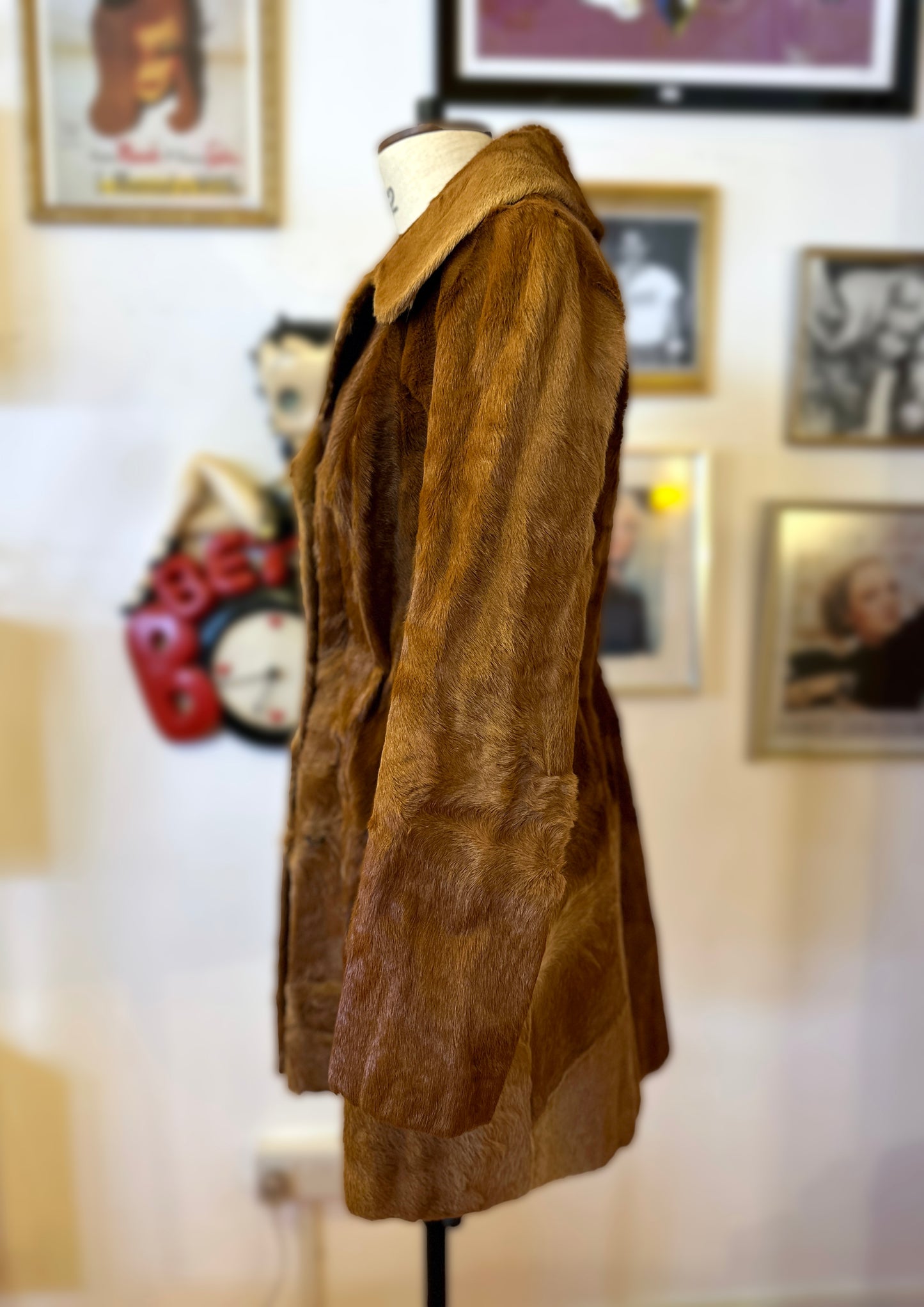 Vintage Silky Brown Fur Coat with Adjustable Waist