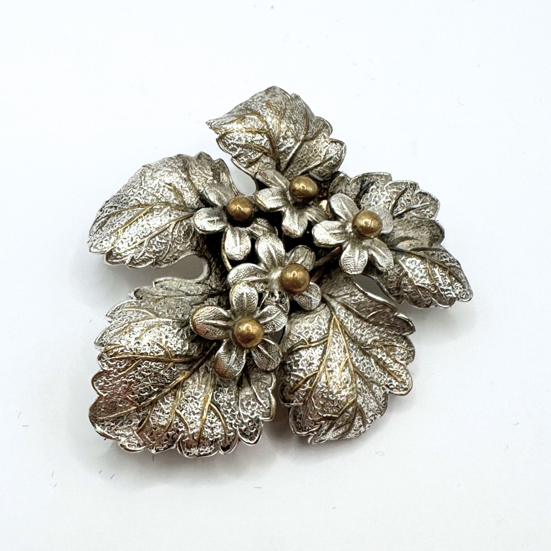Vintage Sterling Silver Brooch with Leaves and Flowers