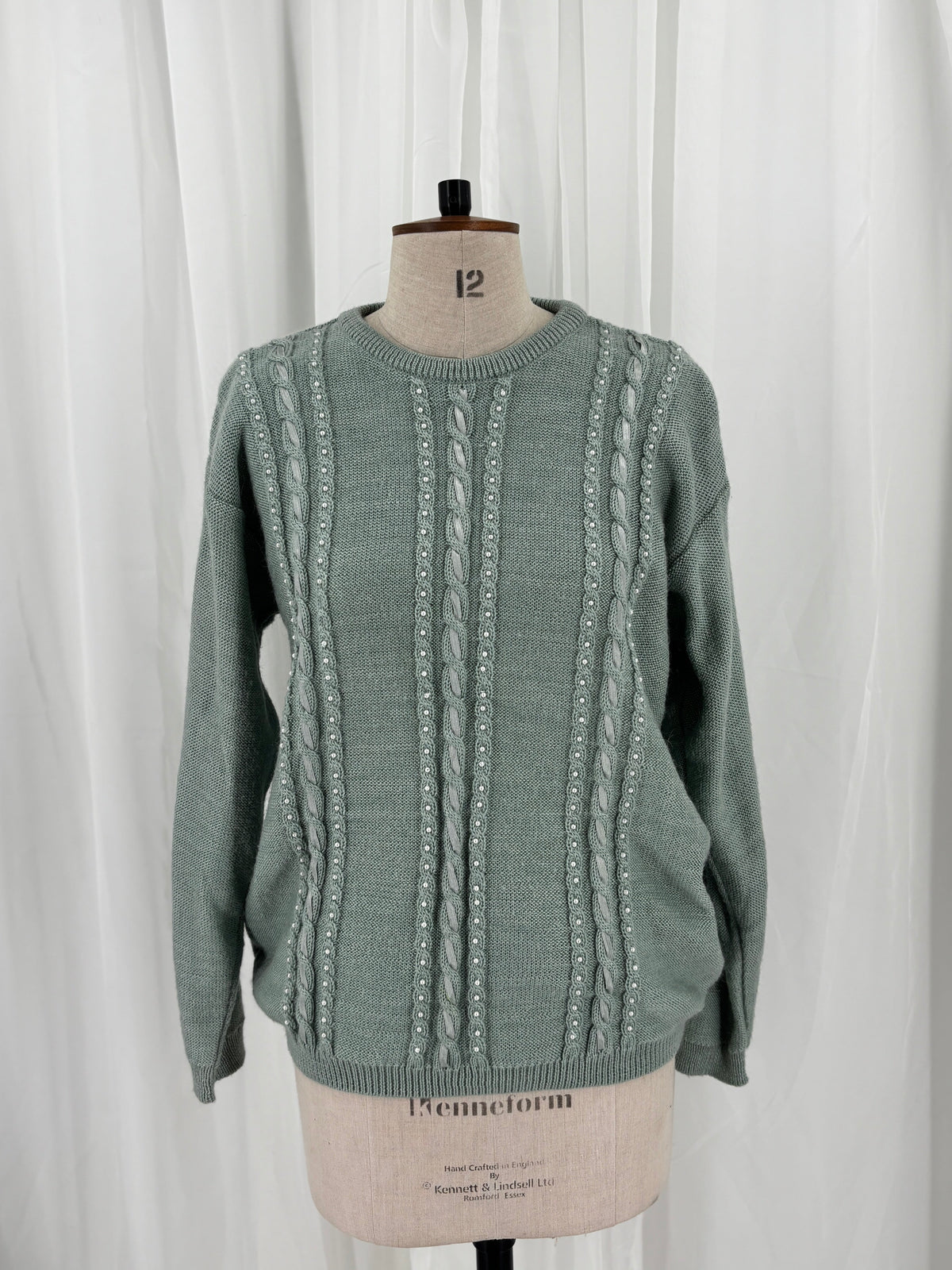 Sage Green Cable Knit Jumper with Pearl and Ribbon Details, UK 12/14