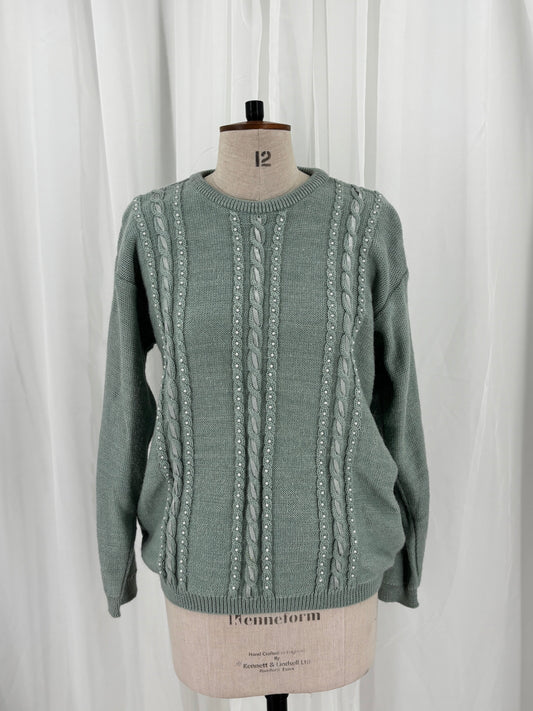 Sage Green Cable Knit Jumper with Pearl and Ribbon Details, UK 12/14