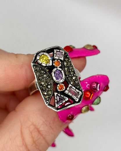 Vintage Sterling Silver Multi-Gem Colourful Ring, size P