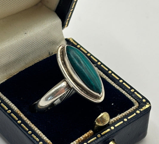 Vintage Sterling Silver Malachite Ring, UK Size R1/2