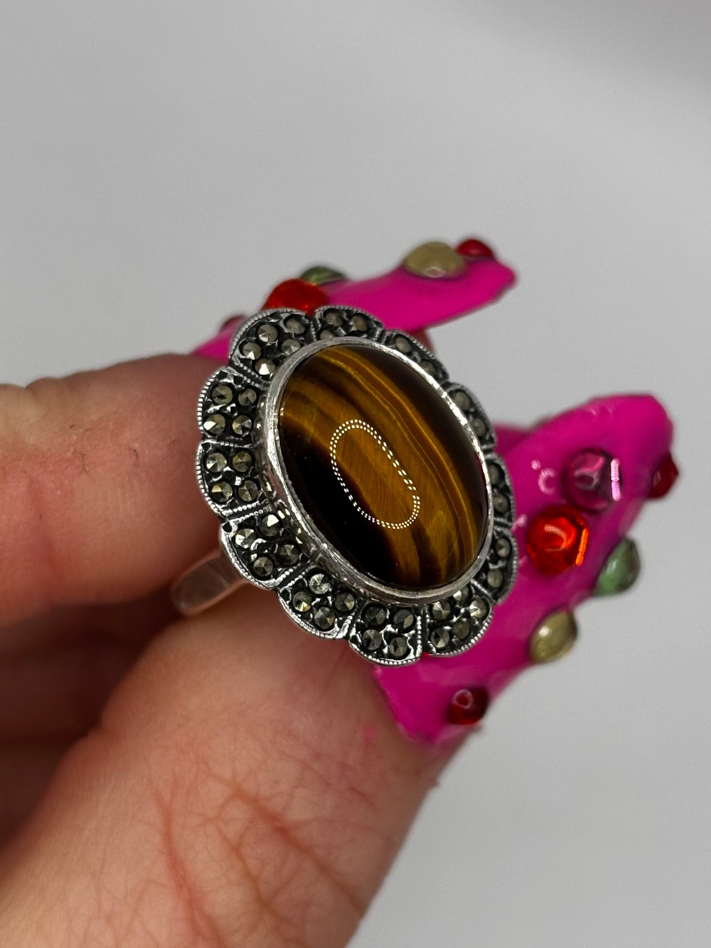 Vintage Sterling Silver Tigers Eye Ring with Marcasites, size L