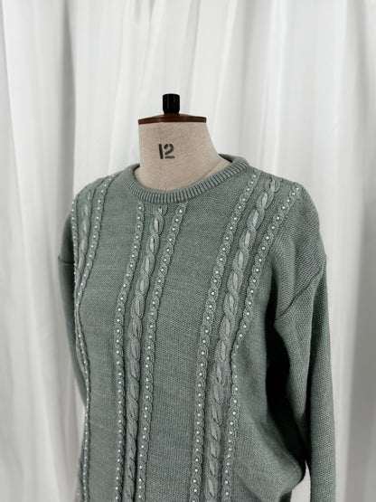 Sage Green Cable Knit Jumper with Pearl and Ribbon Details, UK 12/14