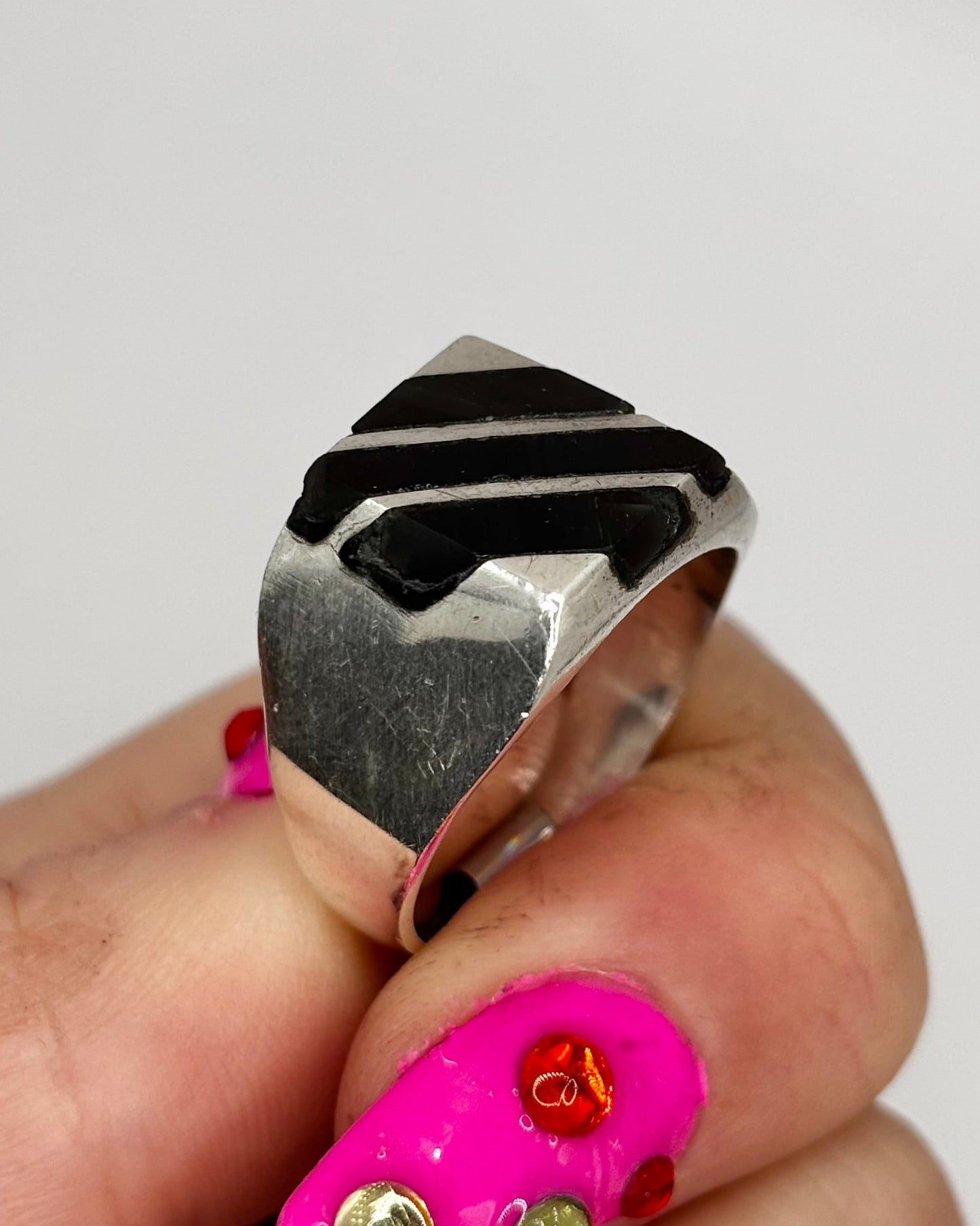 Vintage Unisex Sterling Silver and Black Onyx Signet Ring, size R