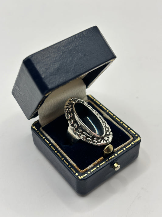 Vintage Sterling Silver Chunky Onyx Ring, UK Size K1/2