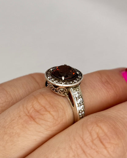 Vintage Sterling Silver Halo Ring with Orange Stone, size I1/2