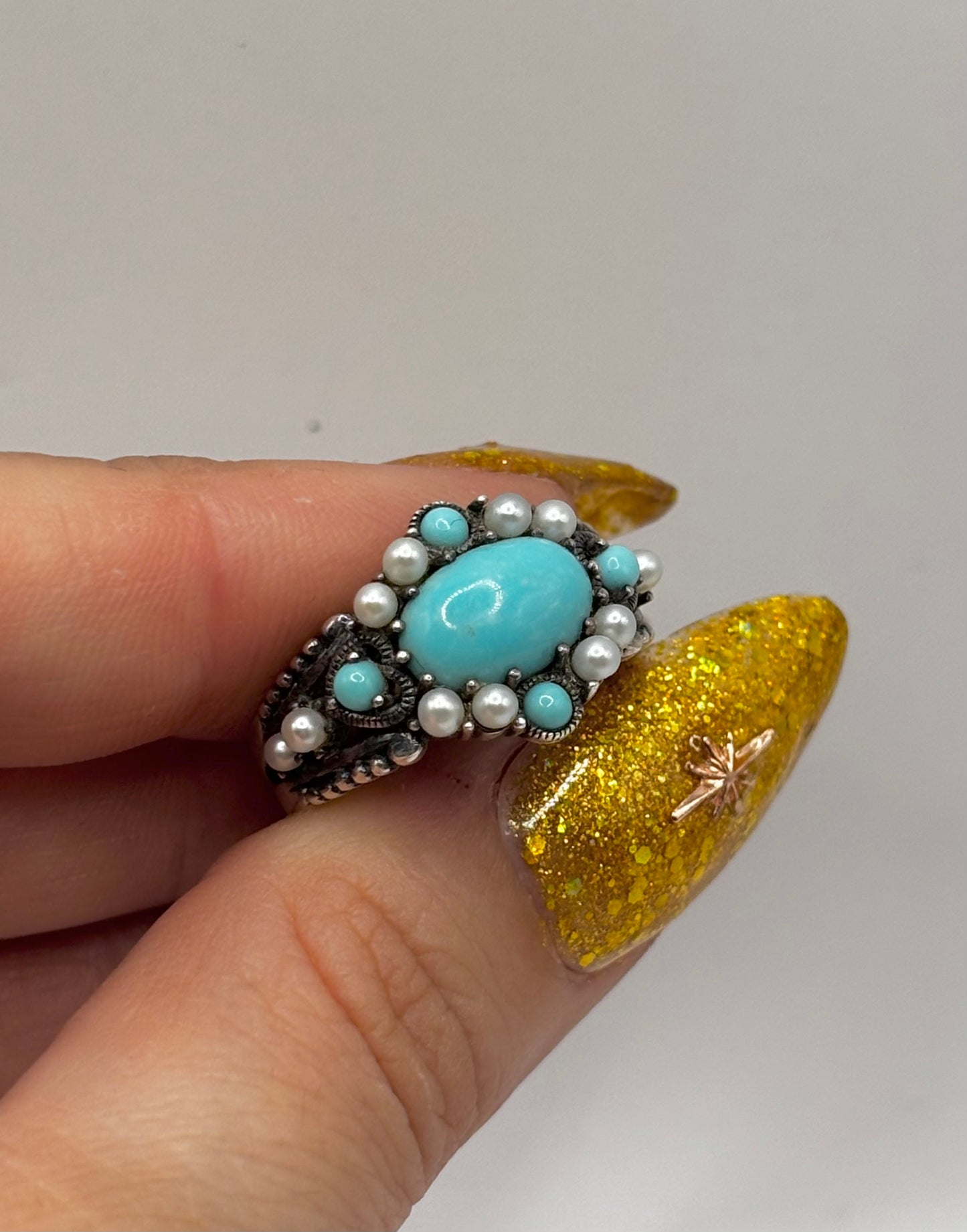 Vintage Sterling Silver Ring with Turquoise and Pearls UK Size P