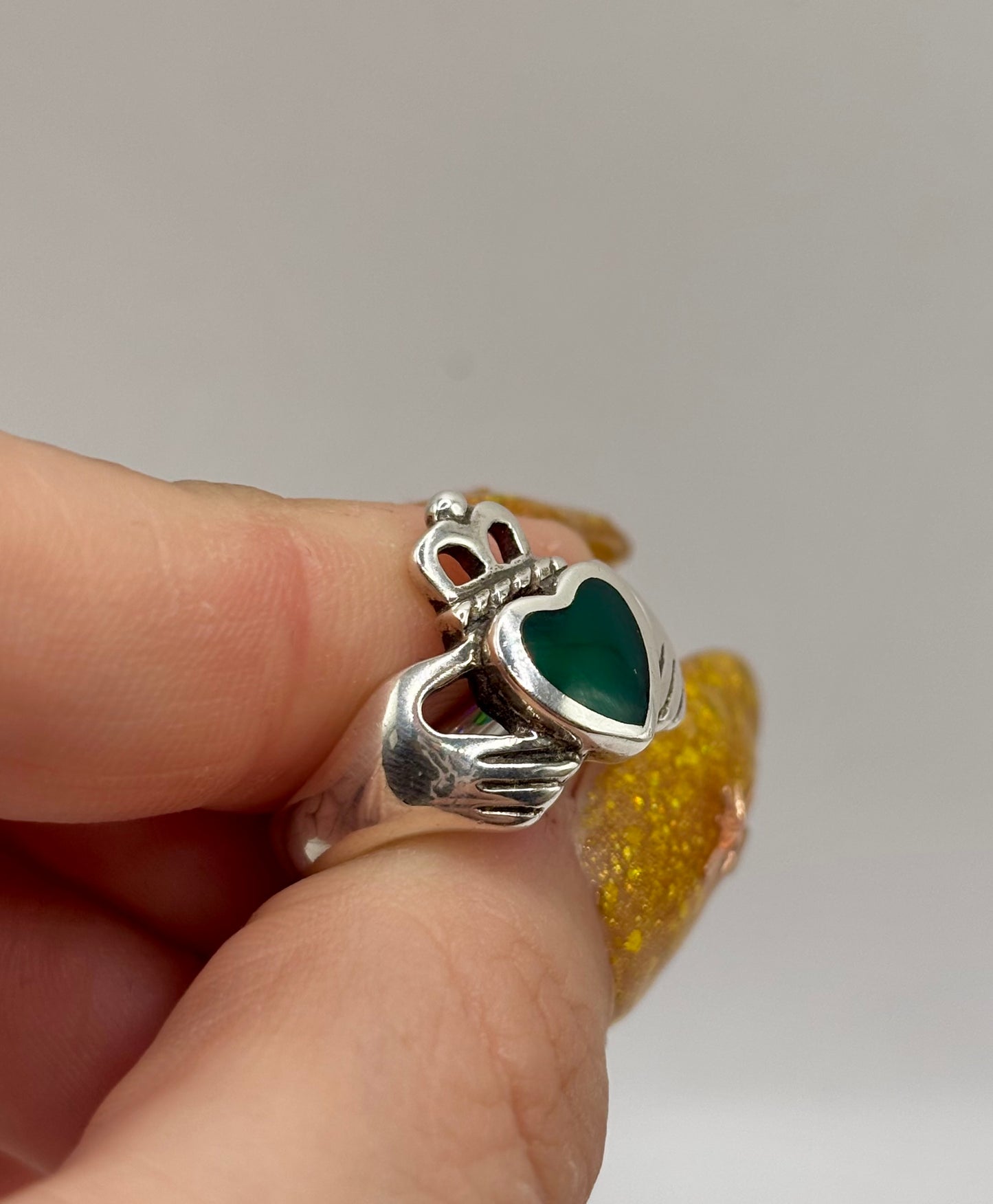 Sterling Silver Claddagh Ring with Green Heart, Size K1/2