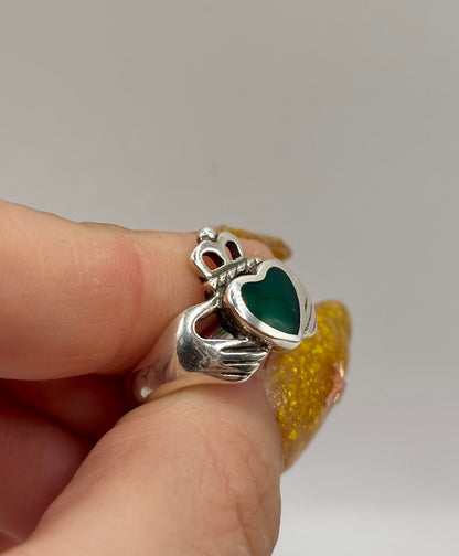 Sterling Silver Claddagh Ring with Green Heart, Size K1/2