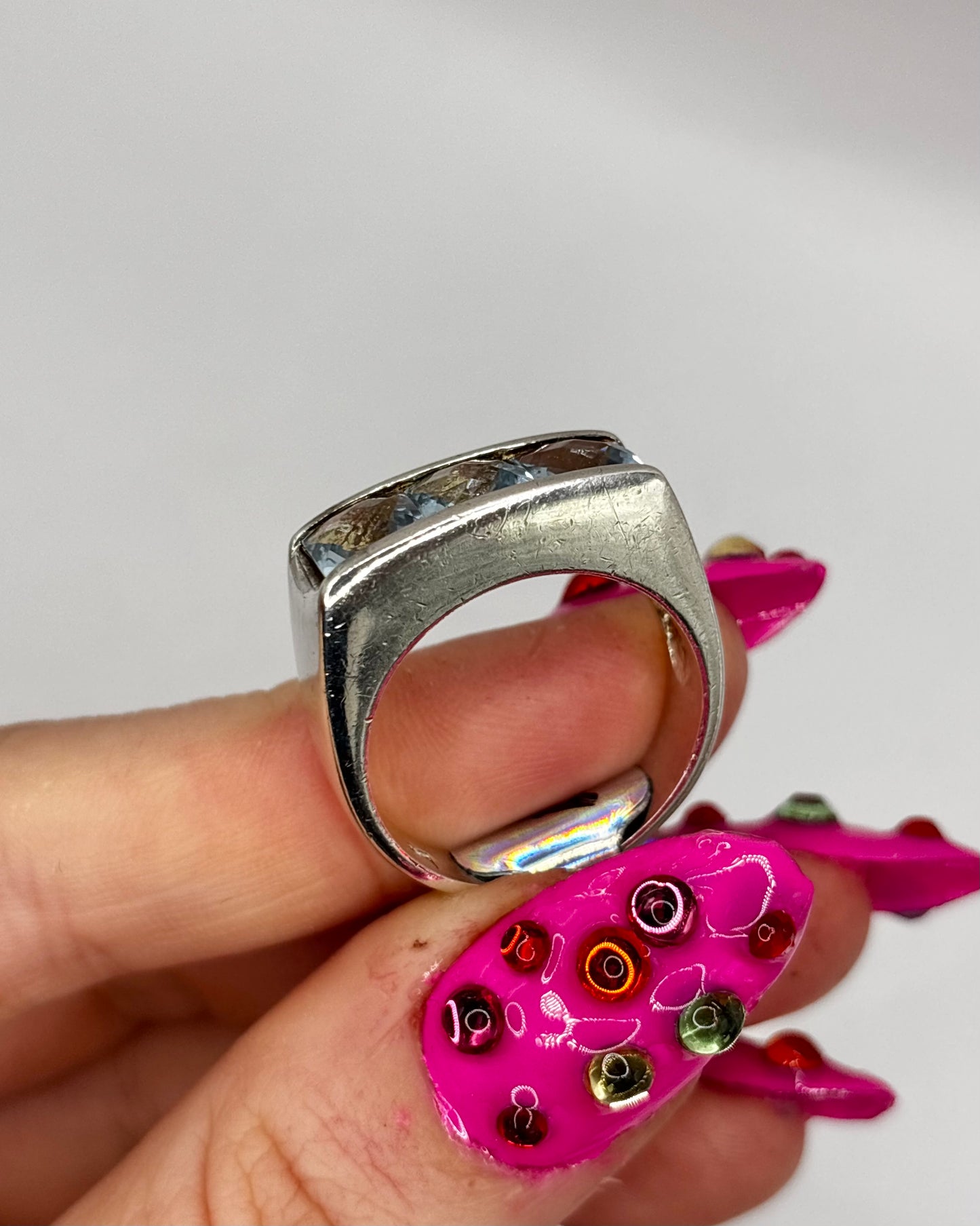 Vintage Sterling Silver Trilogy Blue Stone Ring, size R1/2
