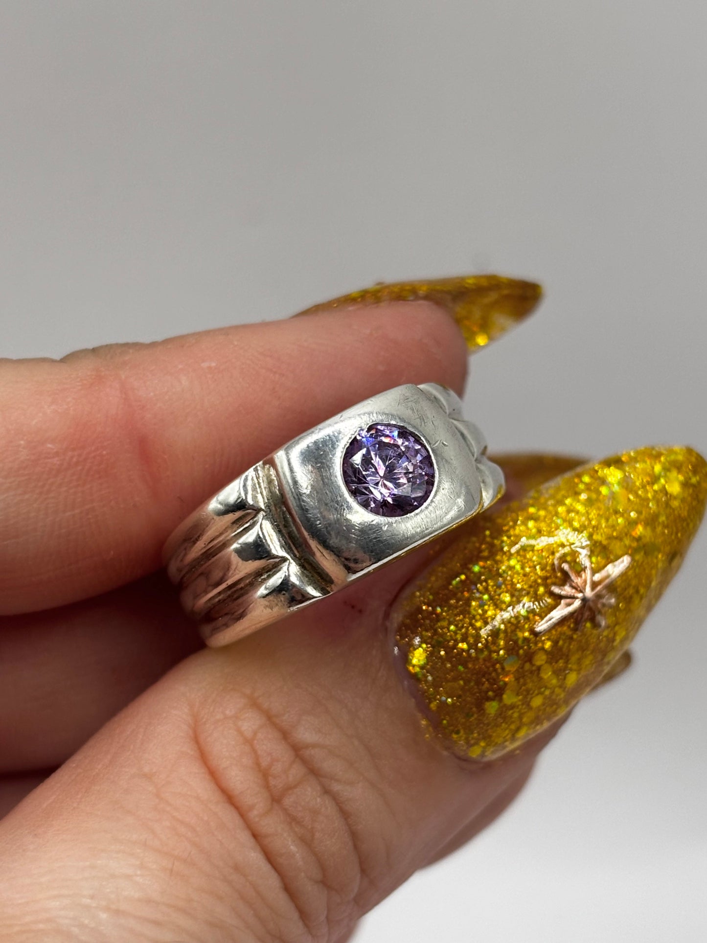 Sterling Silver Chunky Ring with Purple Stone, Size M1/2