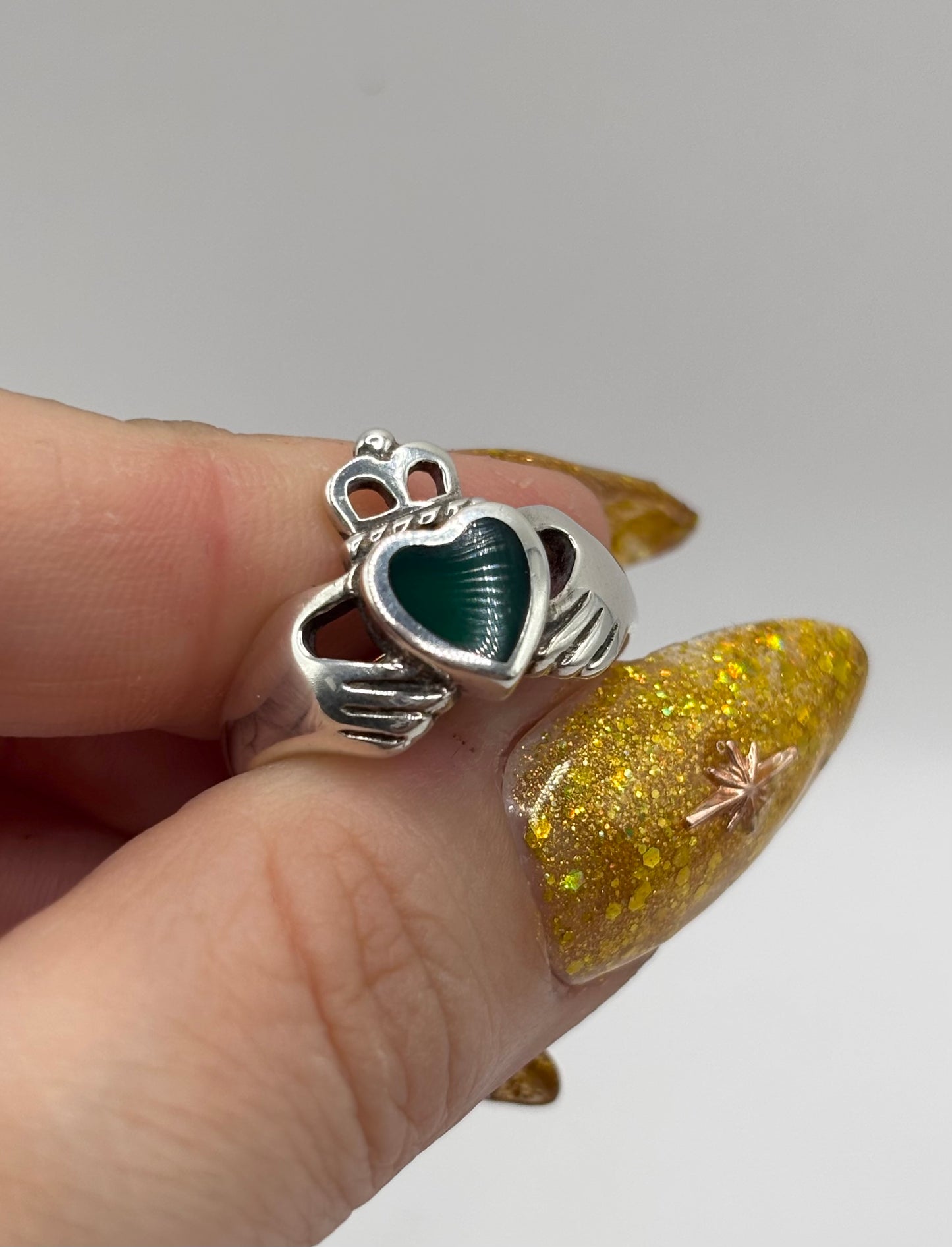 Sterling Silver Claddagh Ring with Green Heart, Size K1/2