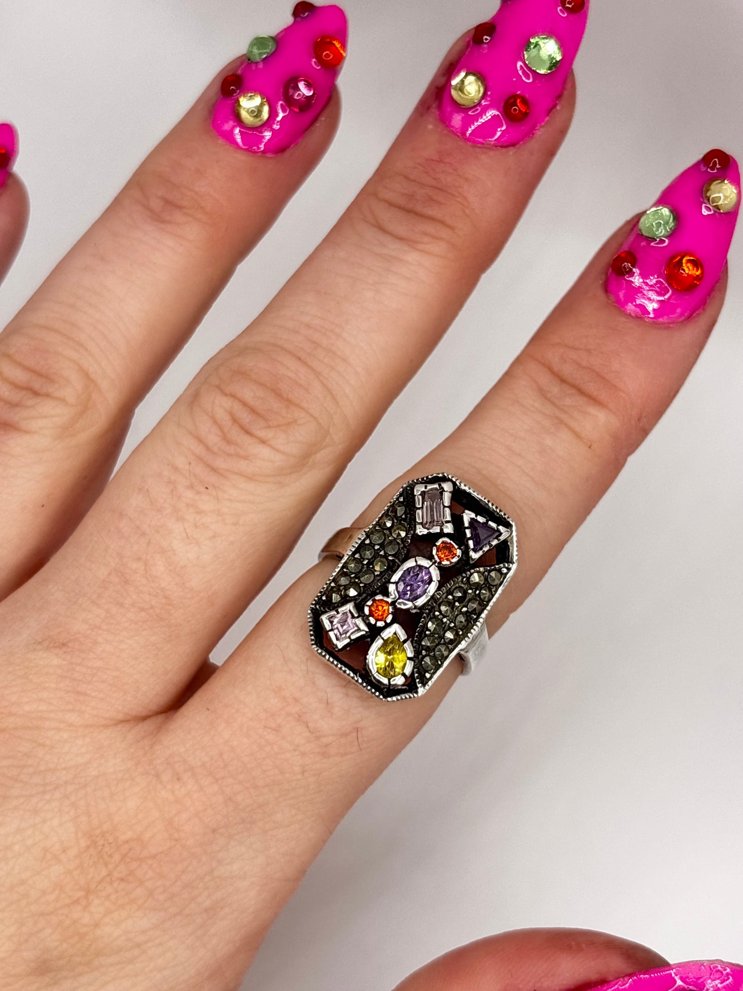 Vintage Sterling Silver Multi-Gem Colourful Ring, size P