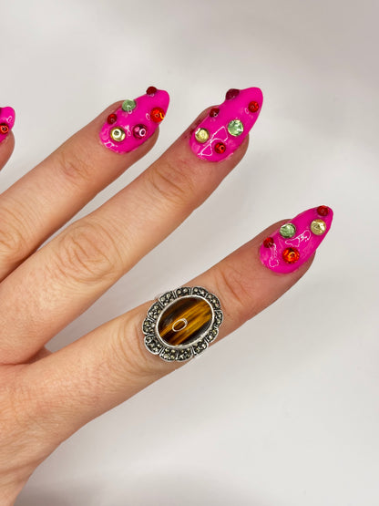 Vintage Sterling Silver Tigers Eye Ring with Marcasites, size L
