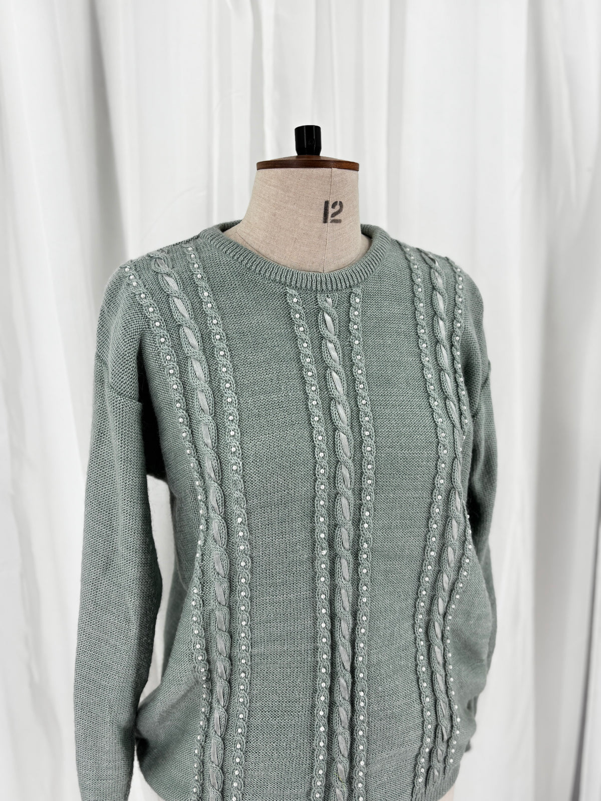 Sage Green Cable Knit Jumper with Pearl and Ribbon Details, UK 12/14
