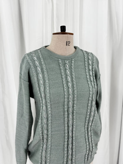 Sage Green Cable Knit Jumper with Pearl and Ribbon Details, UK 12/14