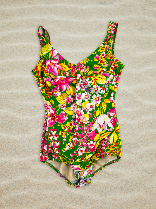 Vintage Swimsuit in Green Tropical Floral Print