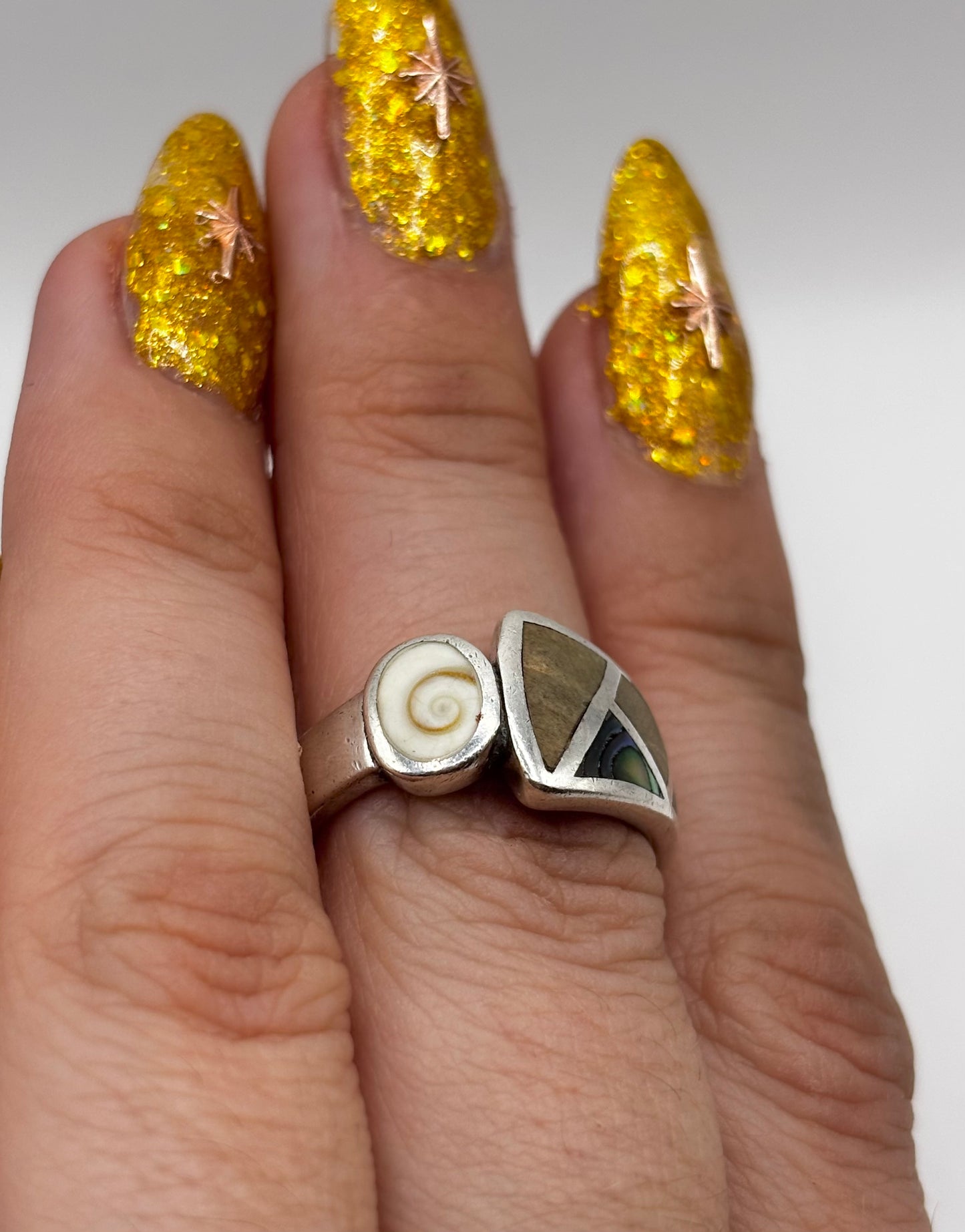 Sterling Silver Ring with Shiva and Abalone, Size M1/2