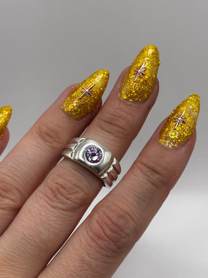 Sterling Silver Chunky Ring with Purple Stone, Size M1/2