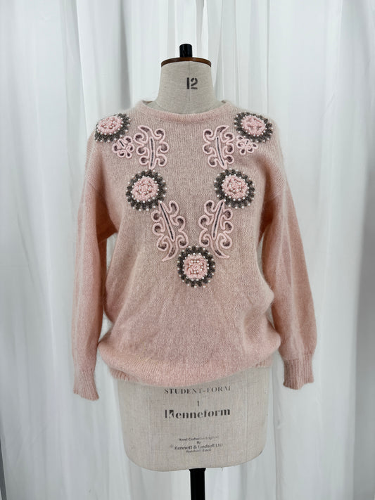 Soft Pink Mohair Knit Jumper with Embellishments, size UK 8/10