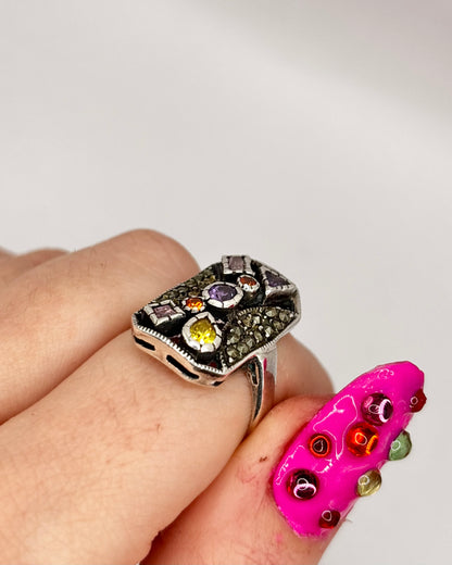 Vintage Sterling Silver Multi-Gem Colourful Ring, size P