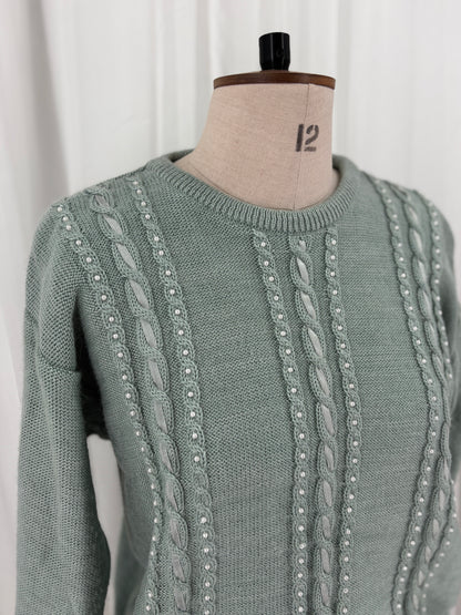 Sage Green Cable Knit Jumper with Pearl and Ribbon Details, UK 12/14